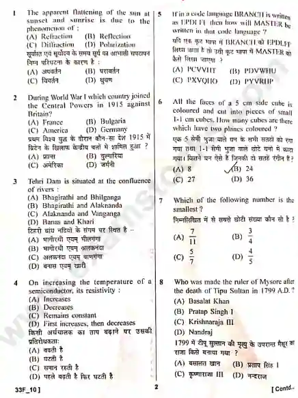 Bihar SI Previous Year Question Paper In Hindi Pdf Download